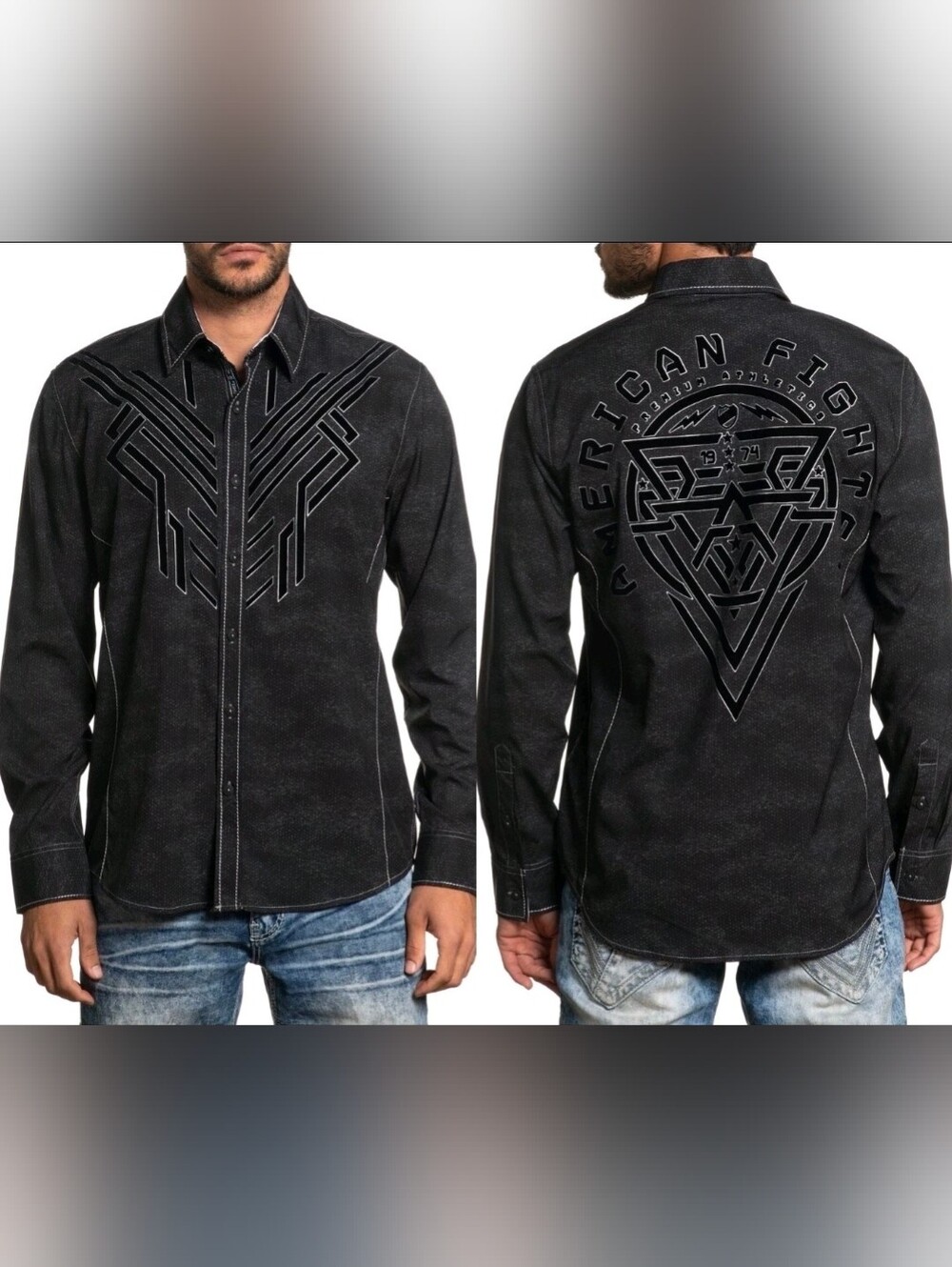 AMERICAN FIGHTER Men's Long Sleeve Button Down Shirt REFUTE Embroidered Large